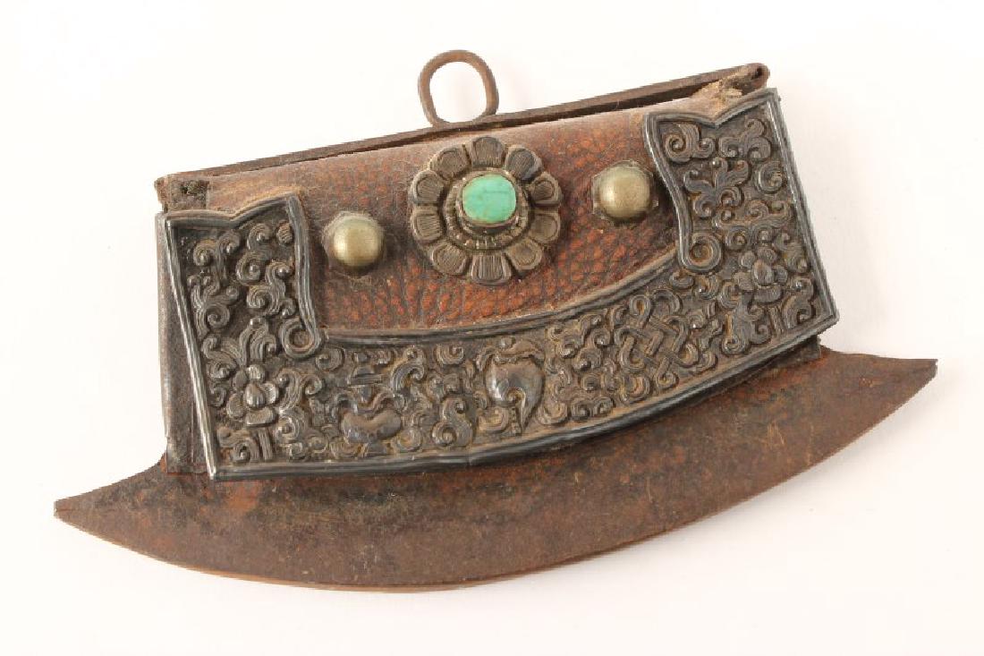 Tibetan 19th Century "Mechak" Flint Strike,: with central piece of turquoise surrounded by a frieze of Buddhist emblems, l 15cm