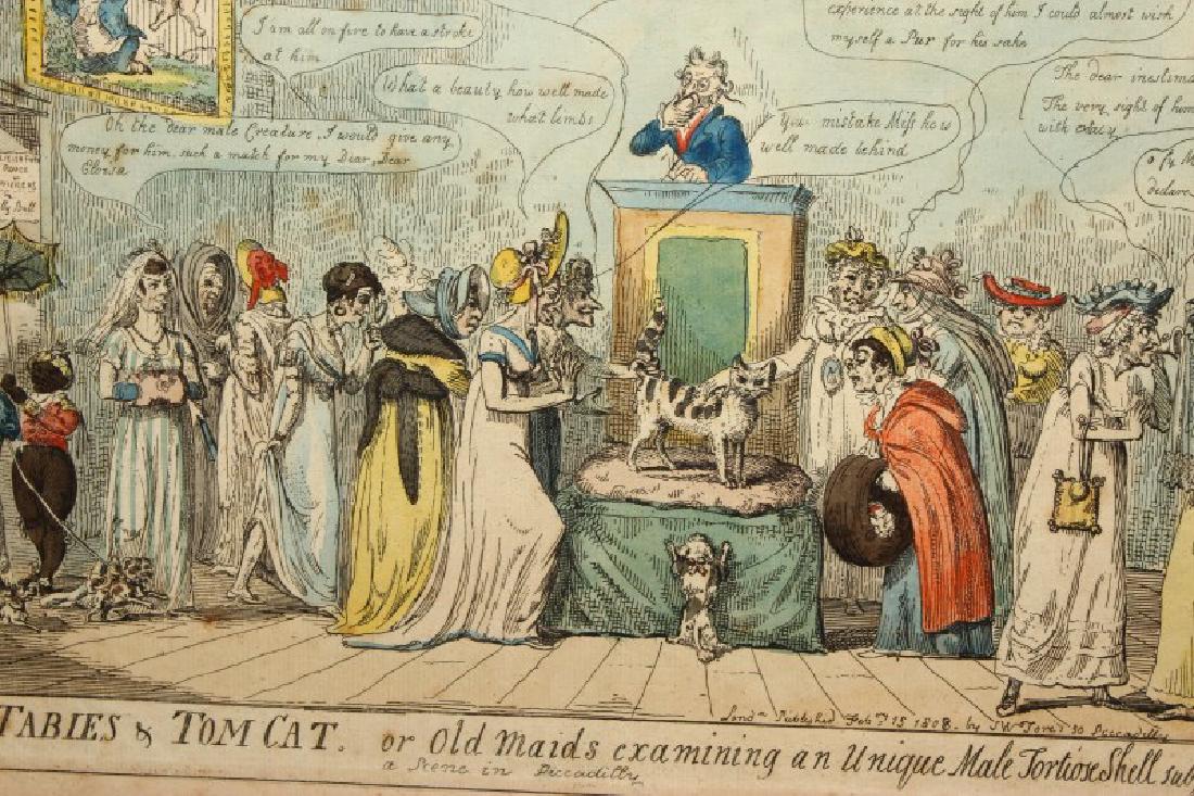 19th Century Handcoloured Etching "Tables and Tom: Cat" attributed to George Cruikshank, framed, 31cm x 45cm