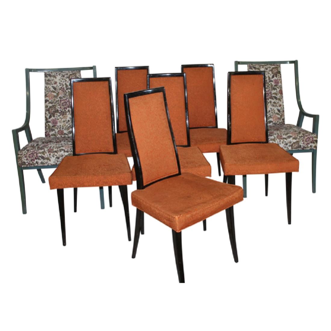 Harvey Probber Dining Room Chairs - 8PCS: Green/Floral arm chairs - 2. Black/Orange side chairs - 6. Arm Chairs Measure 38 1/8" High, 23 5/8" Wide, 25" Deep, with a seat height of 19" Side Chairs Measure 38 1/8" High, 19 1/2"