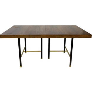 Harvey Probber Dining Room Table: Brass and bleached Rosewood Dining Room Table. Measures 29" High, 66 1/8" Long and 42" Wide. Has 2 leaves at 16" each, making the length of the table 98 1/8"