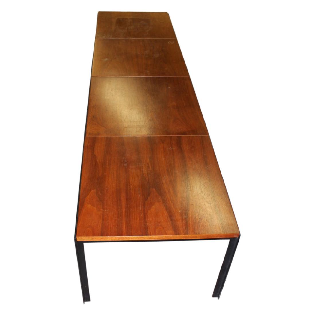 Florence Knoll Period MCM Table Bench: Mid Century Modern table bench by Florence Knoll. Made of walnut. Black metal frame. Very Good Condition.