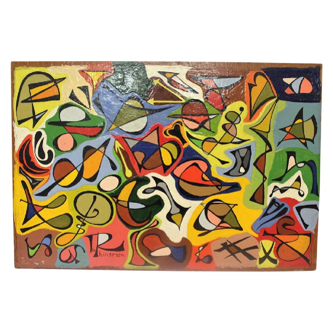 Tim Rhinerson: Mid Century Modern listed artist. Oil on Wood. Multi-colored. Measures 19" Wide and 12.75" High. Very Good Condition.