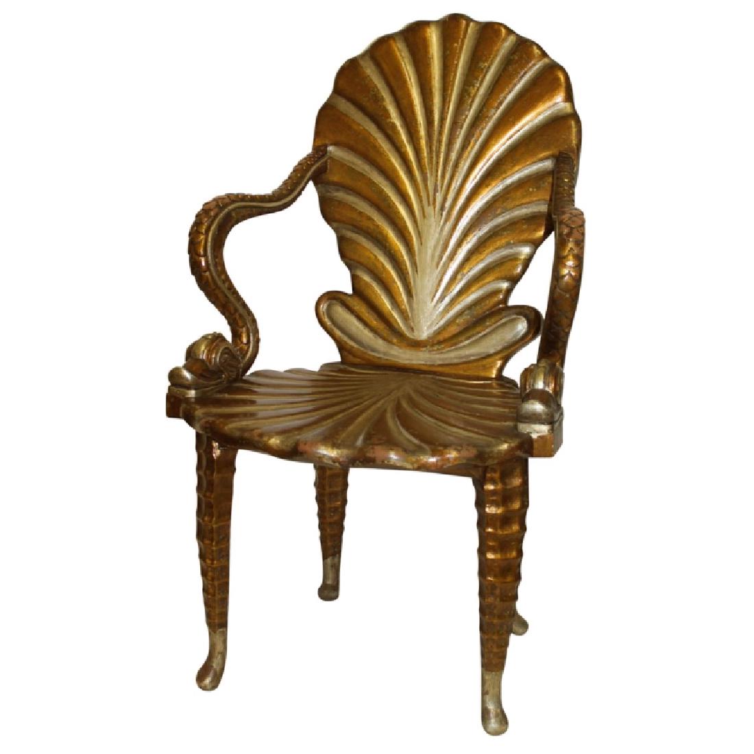 Designer Venetian Shell-back Grotto Chair: Designer shell-back, gilt wood Italian grotto chair with dolphin arms. Very Good Condition.