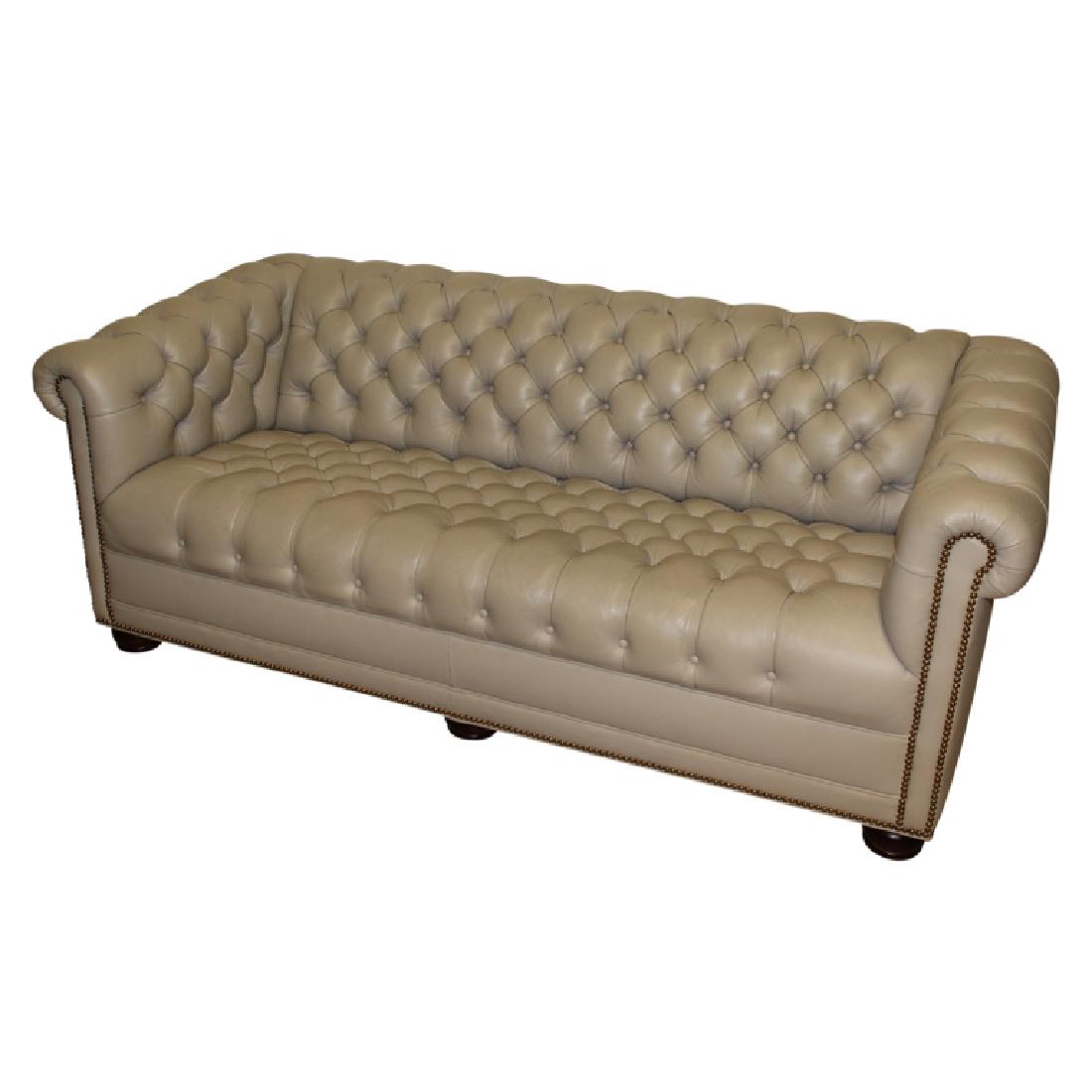 2 Hancock & Moore Chesterfield Sofa & Loveseat: Creme, tufted Hancock and Moore Chesterfield Sofa "8172" and Loveseat "8171" set. Made of fine Italian leather with beautiful studded hardware. Excellent condition