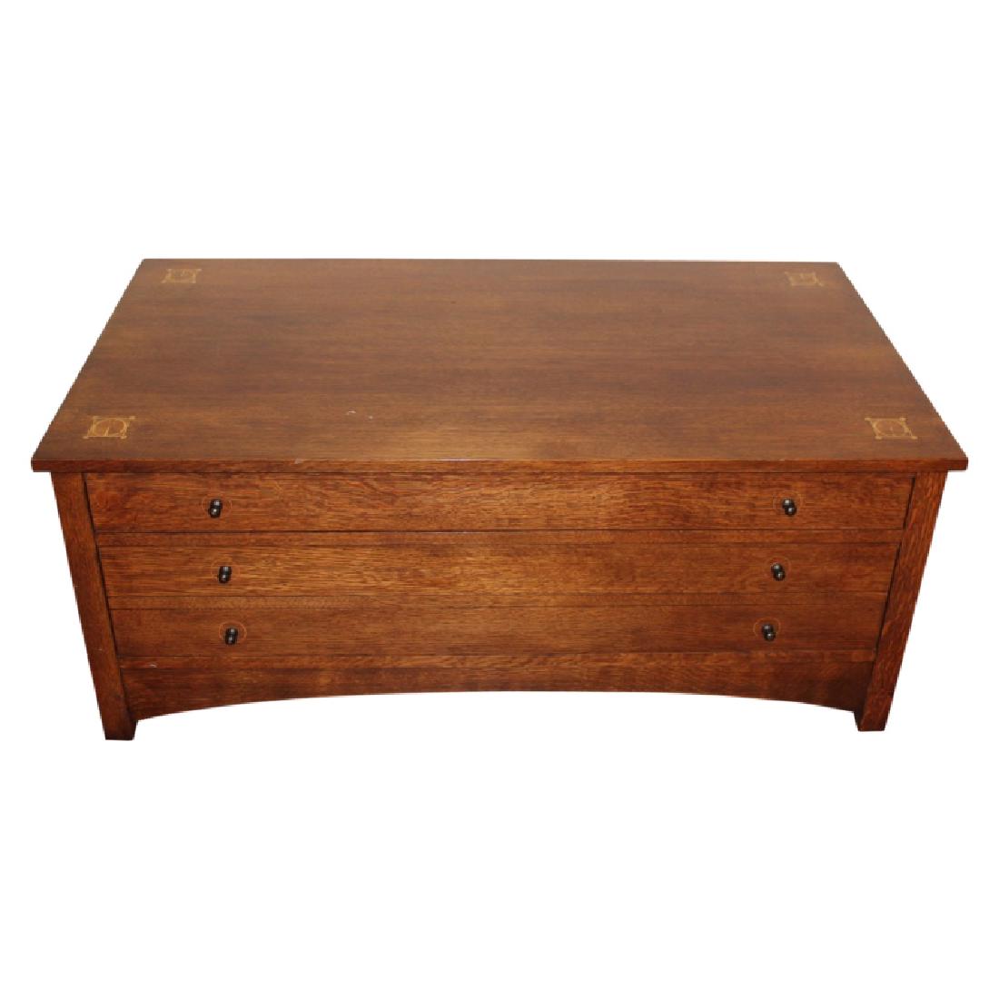 Stickley Harvey Ellis Coffee Table: Harvey Ellis for Stickle storage coffee table. Double sided, with one side being stationary. Inlaid. Made of oak. Handcrafted. Manilus, NY origins. Makers marked on the inside of the drawer.