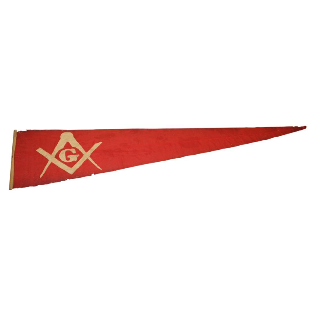 Antique Free Mason Banner / 33 Star Flag Lot - 2PC: Free Mason triangular banner with hand sewn insigna. Unknown maker. Made of cotton. Colors consist of red with white insigna. 33 Star Naval Flag. Colors consist of blue with white stars. Unknown maker
