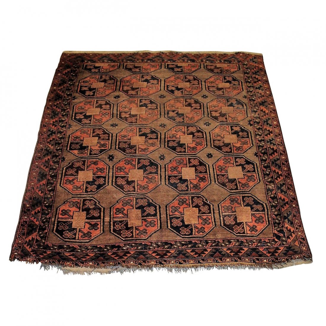 Antique Caucasian Oriental Throw Carpet: Caucasian, antique oriental throw carpet. Made of camel hair, with blues, tan and salmon in color.Measures approximately 5FT X 6FT