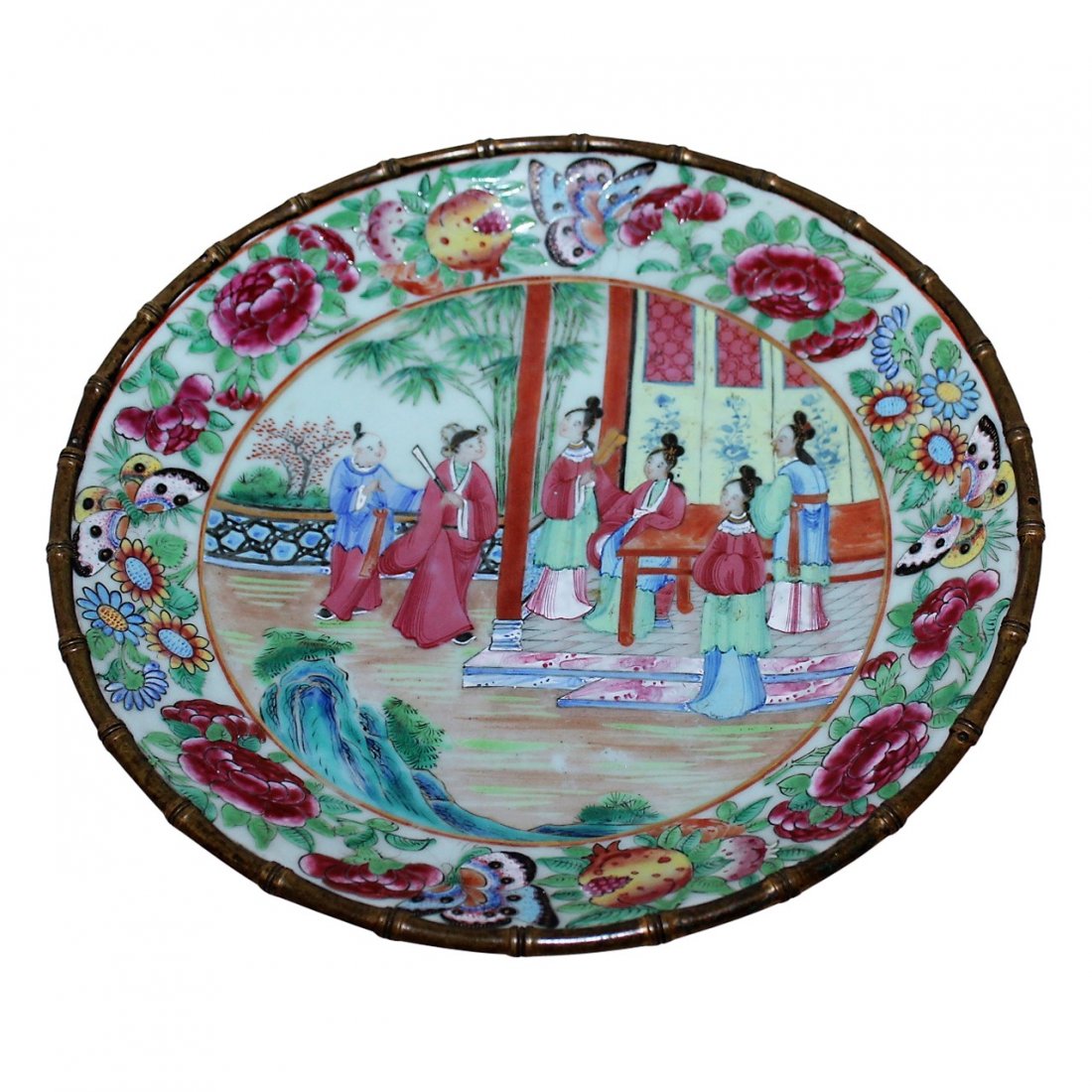 Antique Chinese Bronze Mounted Plate signed: Antique Chinese bronze mounted plate character signed unusual celedone wash over a traditional Chinese motifs. Of high quality and detail.