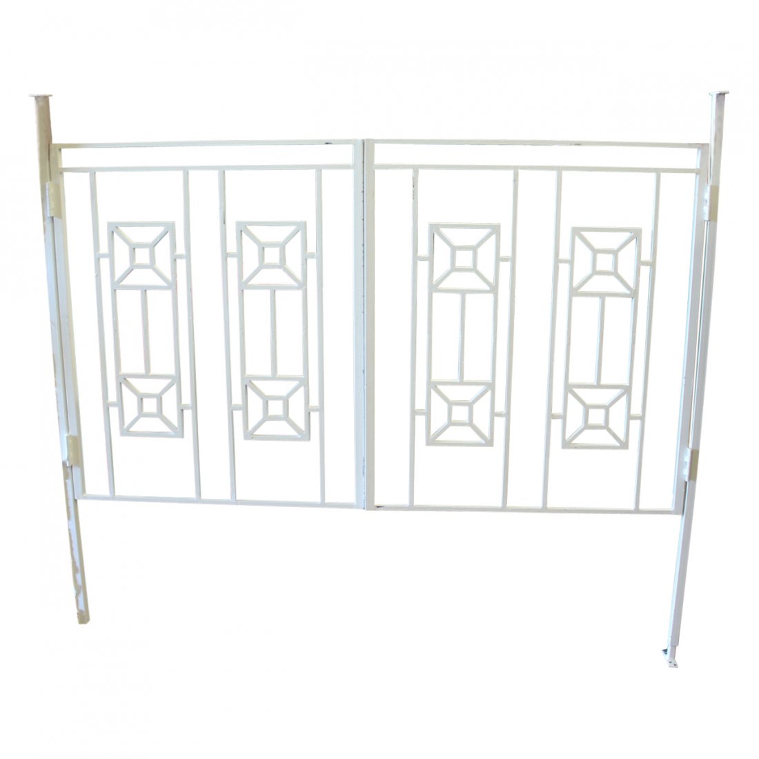 White Iron Gates - 6 PCS: Solid white iron gates in the manner of Frank Lloyd Wright. Two gates are pictured, the lot includes 6 gates. The pieces came from a 1930's New York estate. Measures 34" Wide and 39" High. Very Good C