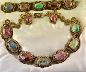 Antique Chinese Mixed Luxury Stone Jewelry Suite: Antique Chinese suite. Set consists of necklace, bracelet and pair of earrings. Set in silver with gold gilting. Mixed luxury stone consisting of jade, rose quartz and more. Braclet is missing its