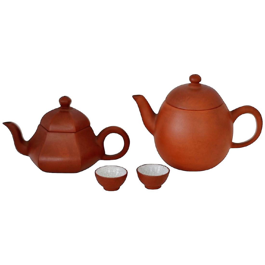 Pair of YiXing Red Clay Teapots and Teacups - 4PCS (1 of 3)