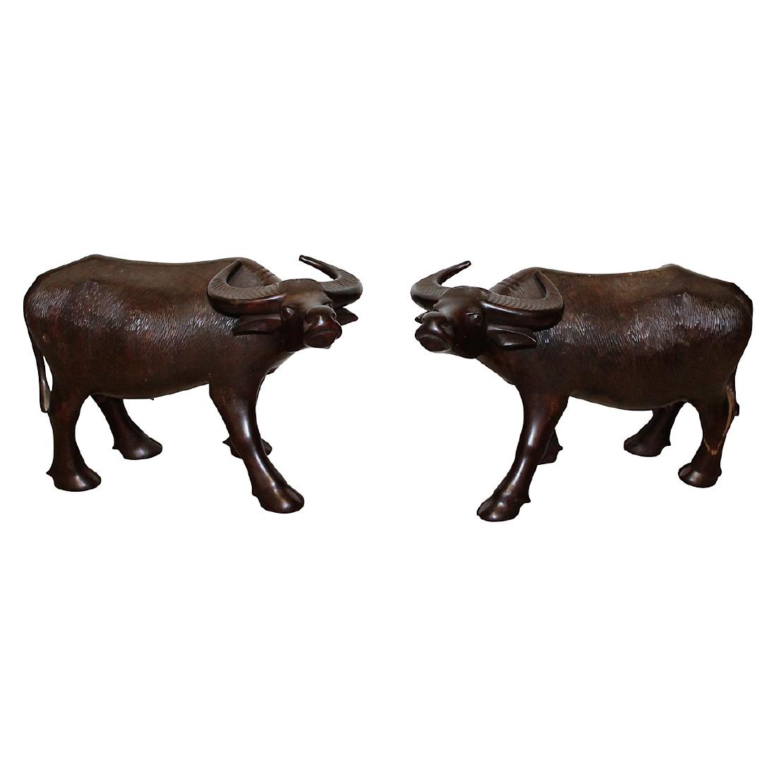 Pair Asian Hand Carved Bulls (1 of 5)