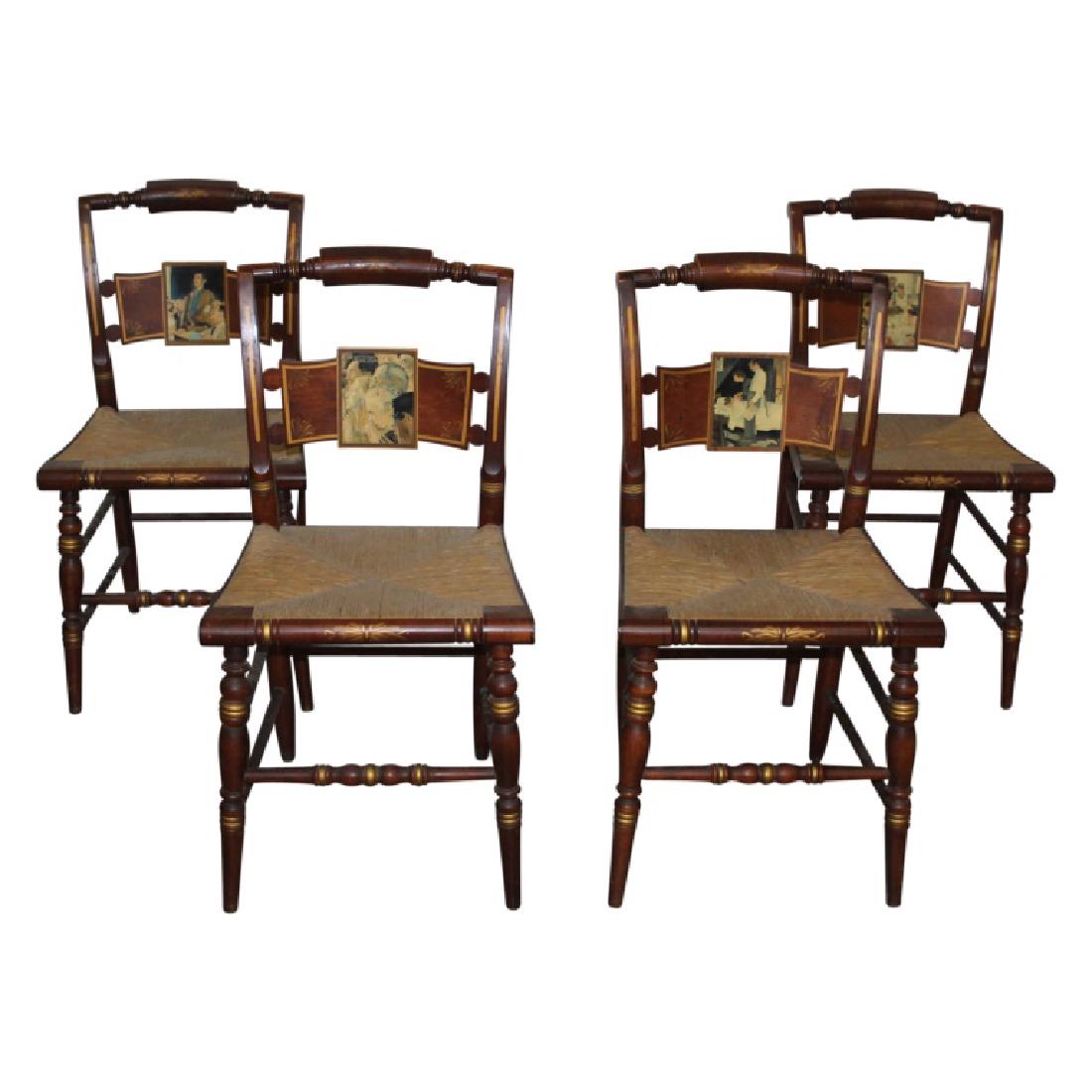 Norman Rockwell Edition Hitchcock Side Chairs - 4: Set of 4 Norman Rockwell Edition Hitchcock side chairs. Made of cherry with rush seats. Circa 1943. All are numbered and signed. Each chair measures approximately 34.5" High and 16.25" Wide with the s