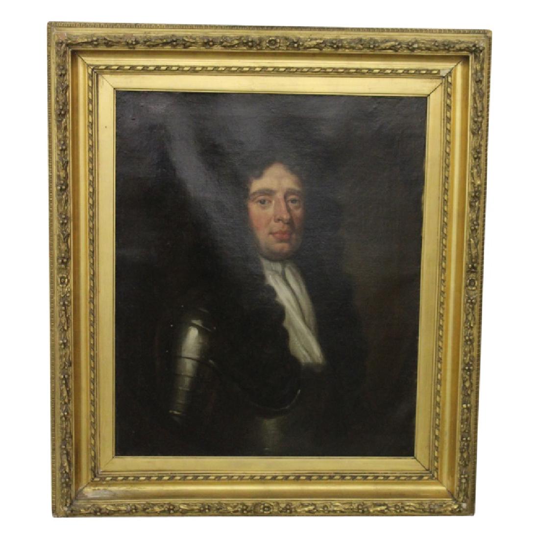 Oil on Canvas Portrait: Oil on canvas depicting a portrait of a gentleman. Marked on the right side and paperwork on the back. "Sir John Mendina" "Third Lord Cardross, in Armour". This piece is in a period, carved wood, gold