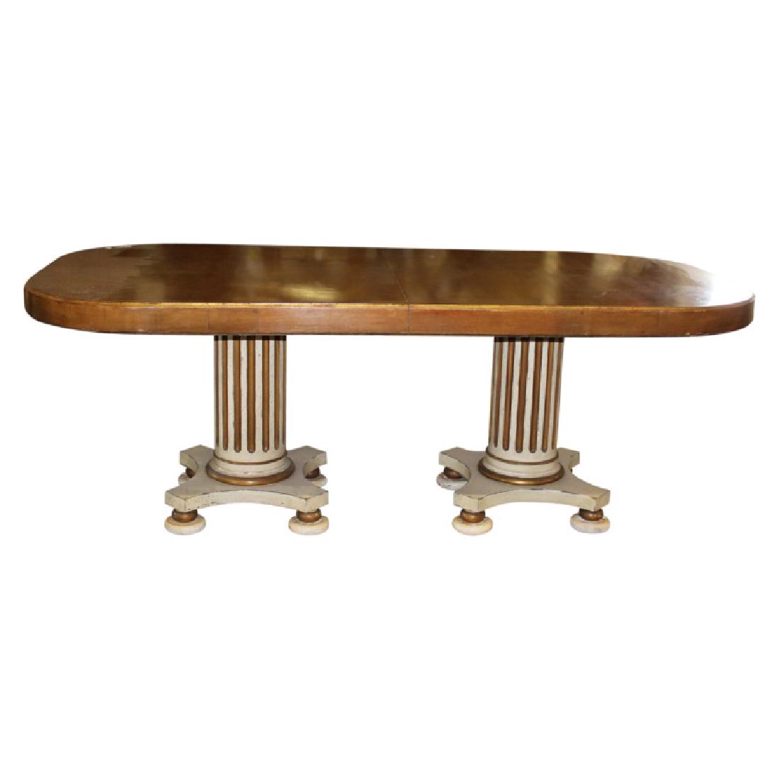 French Dining Table: French dining table featuring column style bases. France origins. Measures approximately 31" High, 83.75" Long and 41.5" Wide. Good condition.