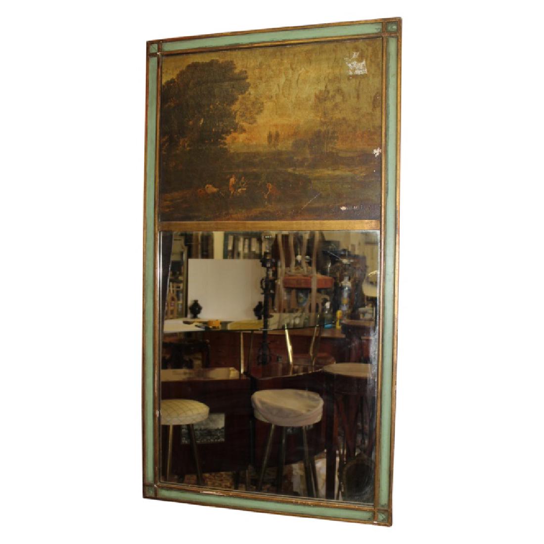 Antique Trumeau - Countryside Painting: Antique, reproduction trumeau. This piece features a countryside painting and mirror. Green fram with gold gilt. Measures approximately 27" Wide and 50" High. Good condition.
