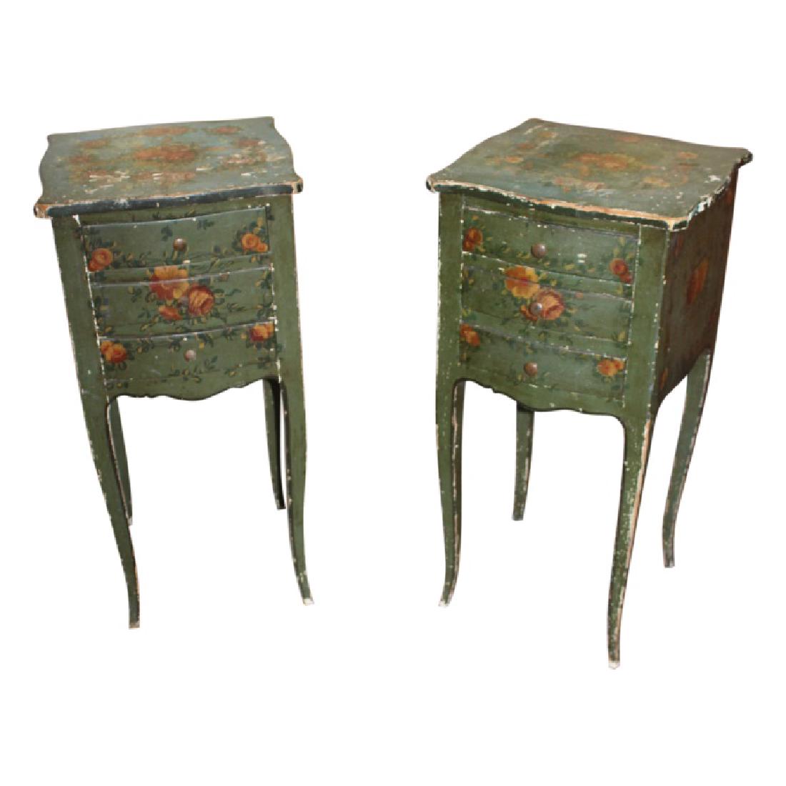 Pair of Antique French Nightstands: Set of 2 antique, french nightstands. Each nightstand is painted green with handpainted multi-colored floral bouquets. Each piece features 3 drawers. Each measures approximately 27" High, 13.5" Wide a