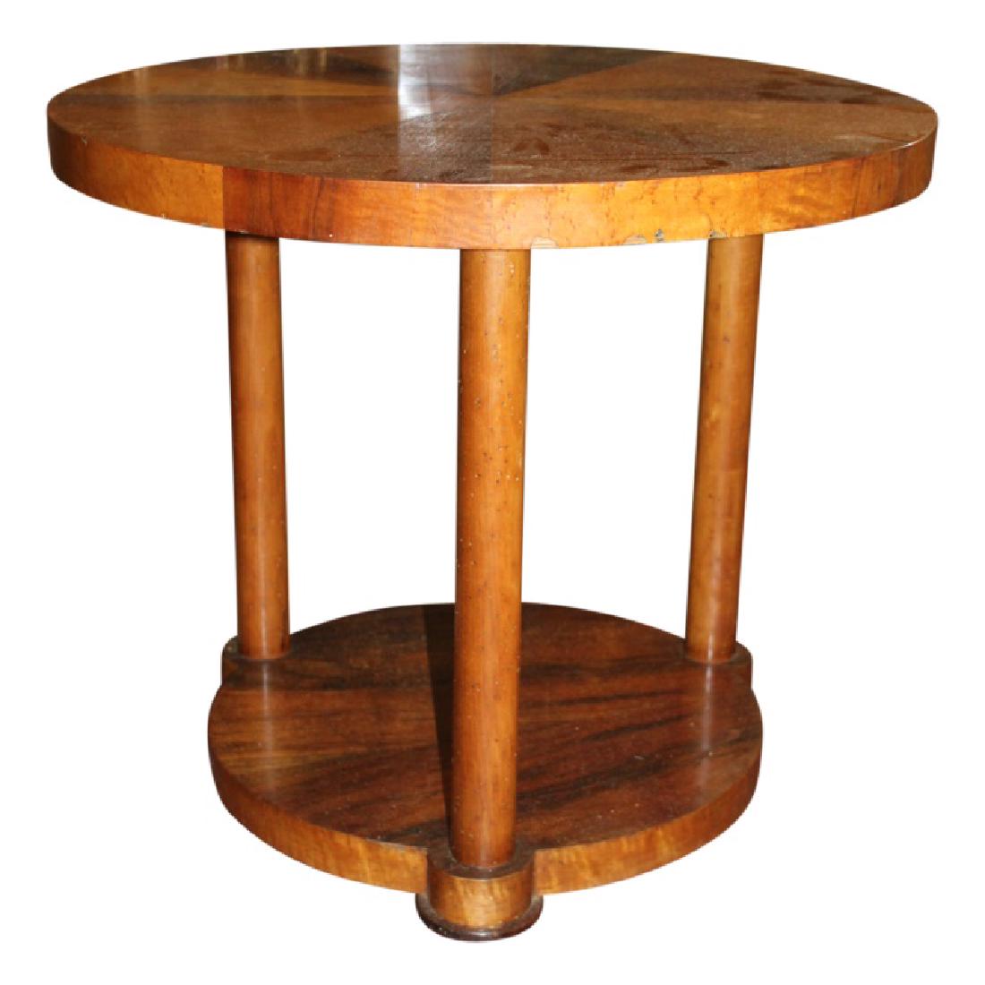 Modern Sunburst Biedermeier End Table: Modern Biedermeier end table featuring a sunburst top. Made of rosewood with birdseye maple veneers. Italy origins. Measures approximately 23.25" High and 27" in diameter top. Good condition with some