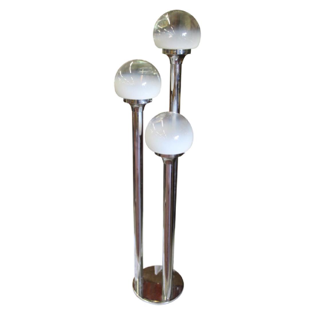 Toni Zuccheri Floor Lamp: Floor lamp by Toni Zuccheri. This piece features a chrome base and 3 light fixtures featuring Murano glass. White ombred glass shades. Italy origins. Measures approximately 58" High and 11.5" Diameter