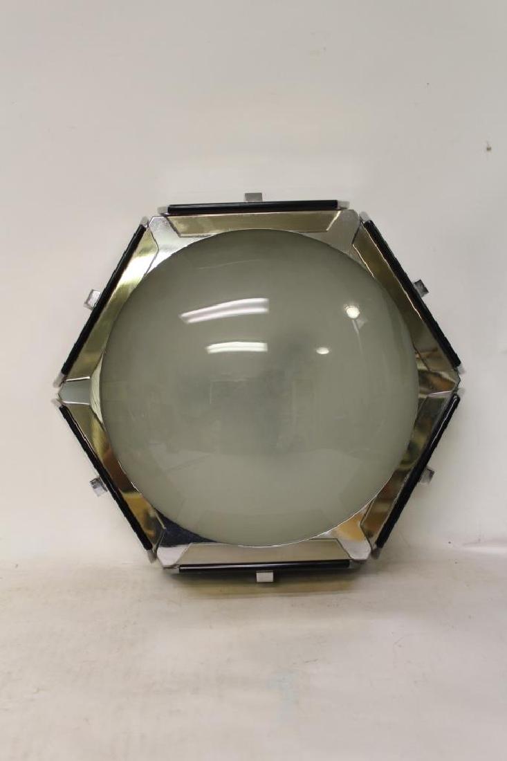 Veca Hexagonal Flush Mounted Light Fixture: Modern mounted flush light fixtureby Veca. Hexagonal in shape. Featuers alternating clear and smoked glasses on a nickel-plated frame and one central frosted convex glass. In the style of Fontana Arte