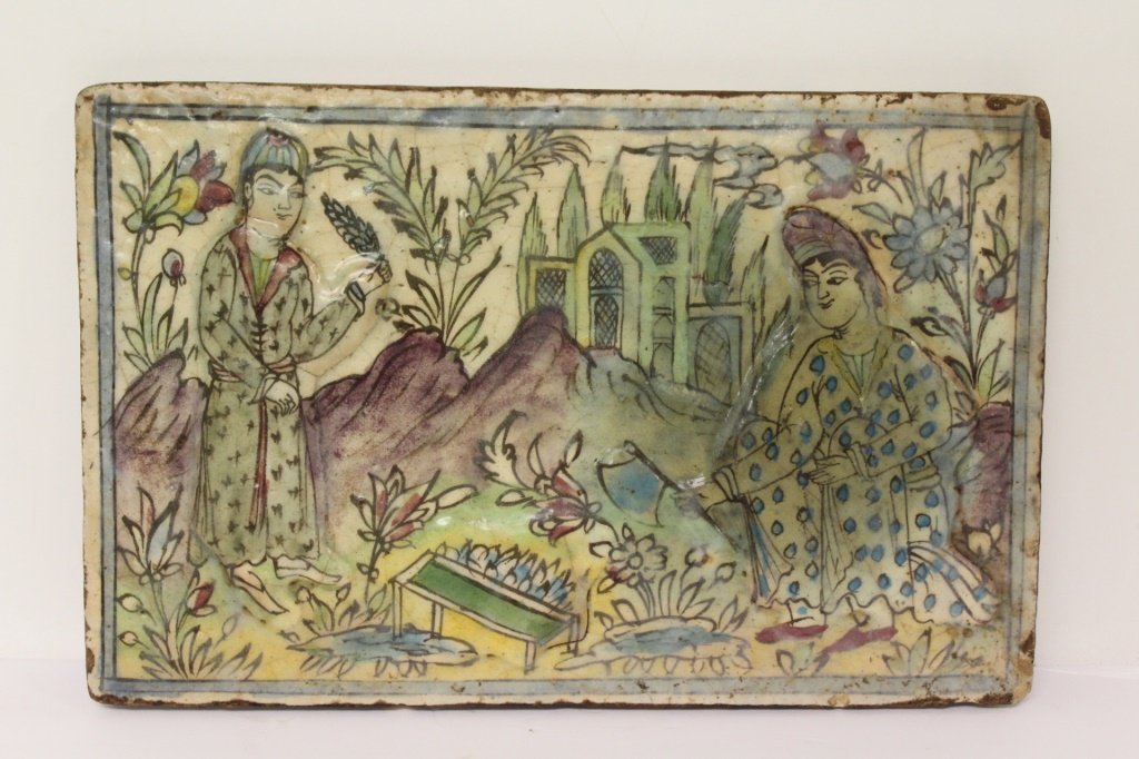 Early Persian Large Clay Tile: Large tile depicting 2 people harvesting crops with a home in the background. Multi color designs. Persian origins. Made of clay. Measures approximately 15" Wide, 9.5" High and .5" Deep. Some chips ar