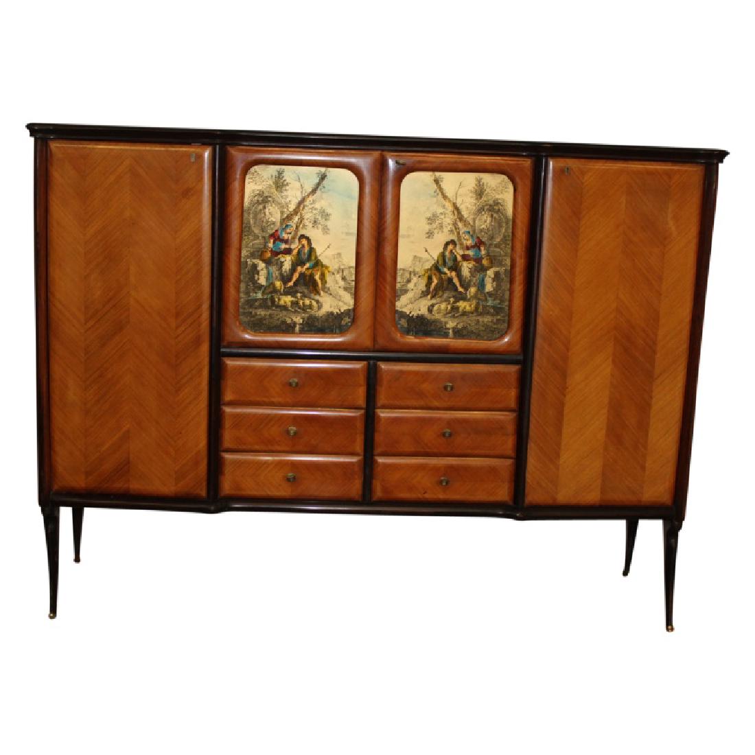 Bar Console w/ Keys: Console featuring storage compartments and a bar in the center. This piece has its keys. Measures approximately 53.25" High, 71" Wide and 18" Deep. Very good condition.