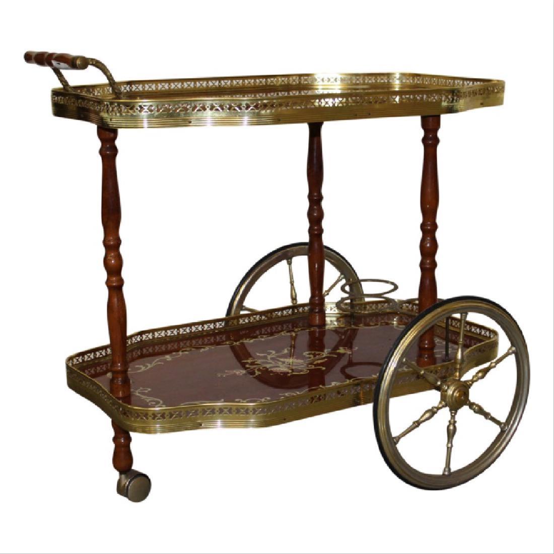 Italian Bar Cart: Italian bar cart featuring built in wine holders. Italy origins. Measures approximately 28.25" High, 29.75" Wide and 19.75" Deep. Very good condition.