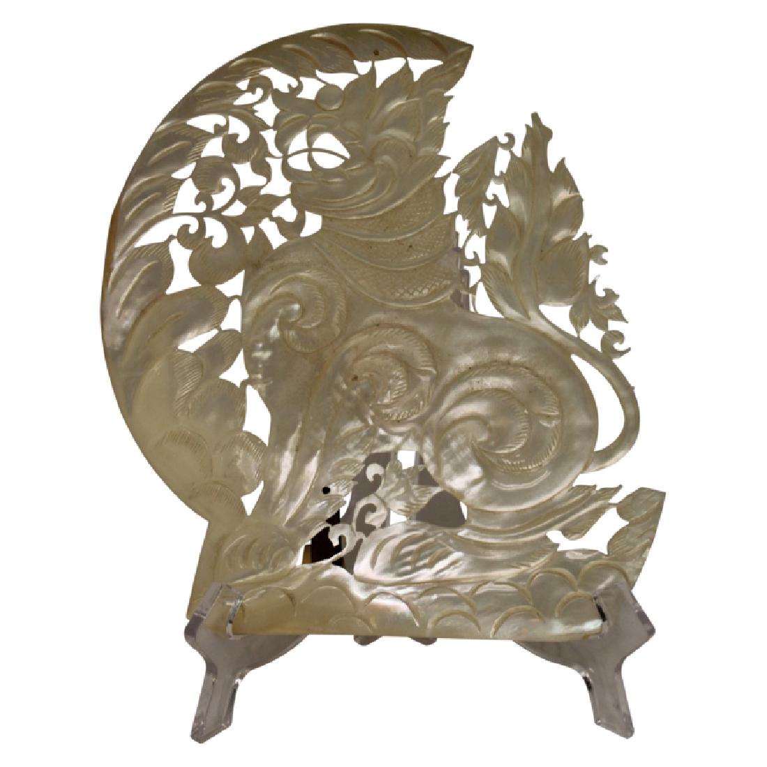 Chinese Carved Foo Dog Mother of Pearl Shell (1 of 6)