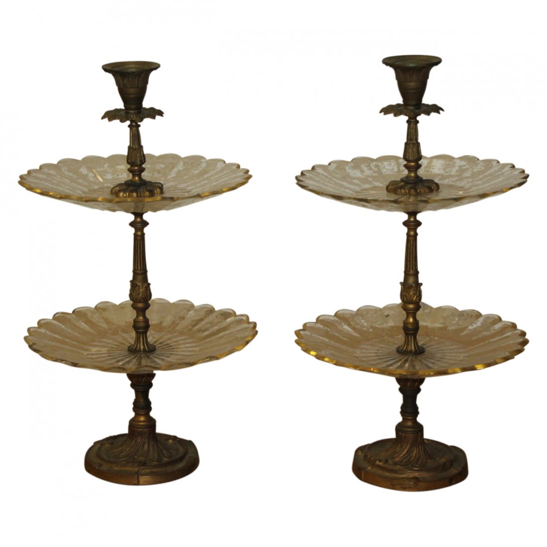 Pair Bronze Two Tier Etched Glass Candy Dish (1 of 1)