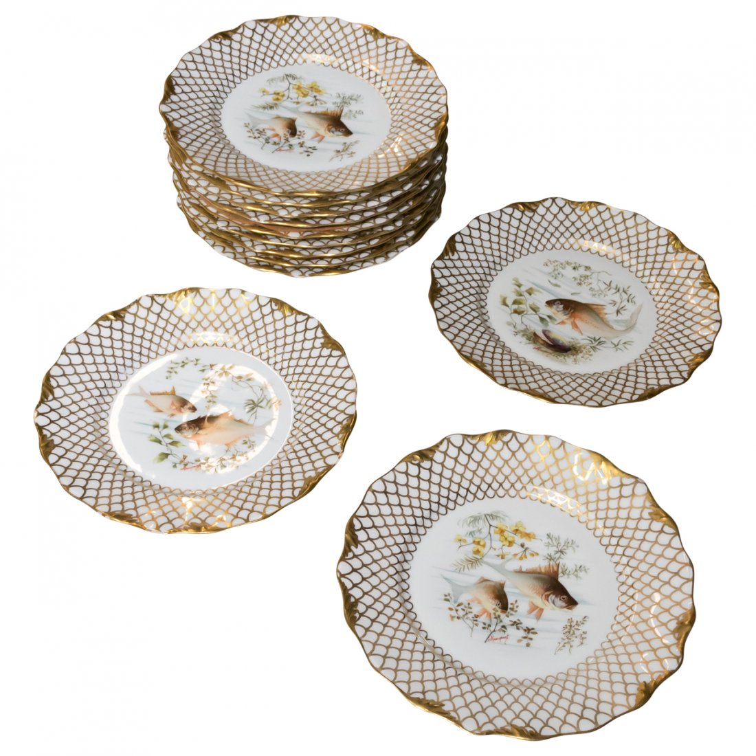 Set of 12 Limoges Fish Plates Signed Marduck (1 of 2)