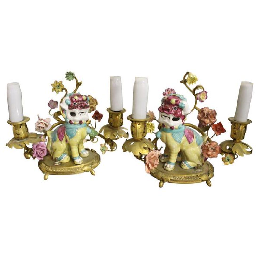 Pair Porcelain and Gilt Bronze Foo Dog Boudoir Lamps (1 of 1)