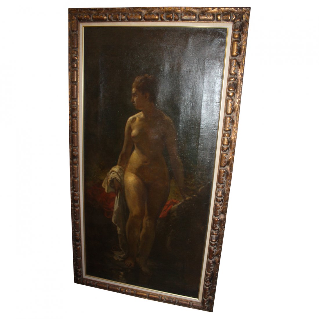 Large Antique Oil Painting of a Nude: Large antique oil painting on canvas of a Nude in the manner of Thomas Eakins apparently unsigned measuring framed W33 x H62, painting 27 x 55