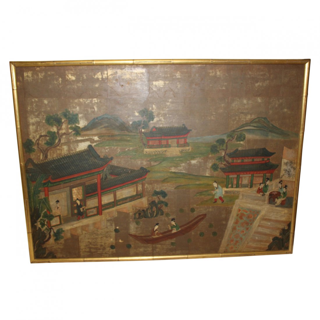 Fine Large Chinese Antique Watercolor Painting: Fine large Chinese Antique water color painting of a Chinese court yard scene Signed on back with a label measuring Framed 52x38” Sight 50x36”