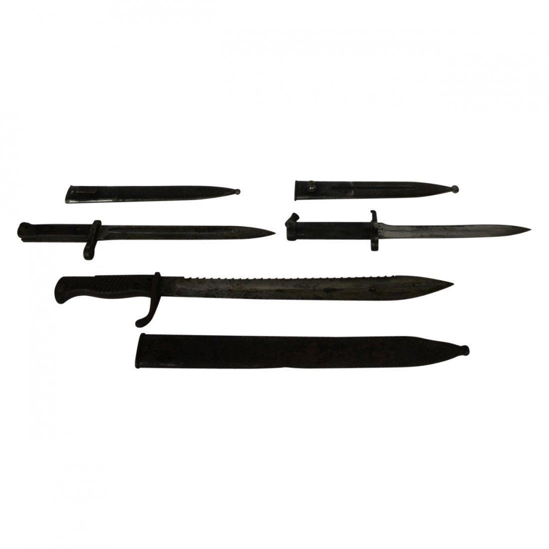3 vintage military bayonets: Three vintage military bayonets one with a rare saw-tooth backbone measuring, Swedish Mauser and German