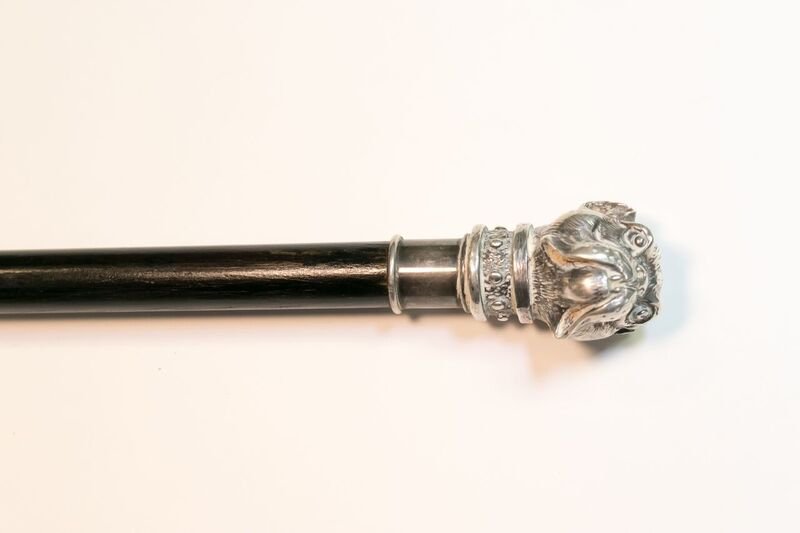 Sterling Dog Head Cane: Sterling Dog Head cane walking stick marked 925 with Hallmarks and numbering depicting a Bull dog measuring 36.5”