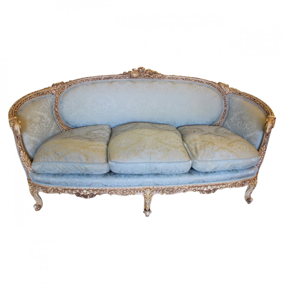 Fine Vintage Carved Sofa in Blue Damask
