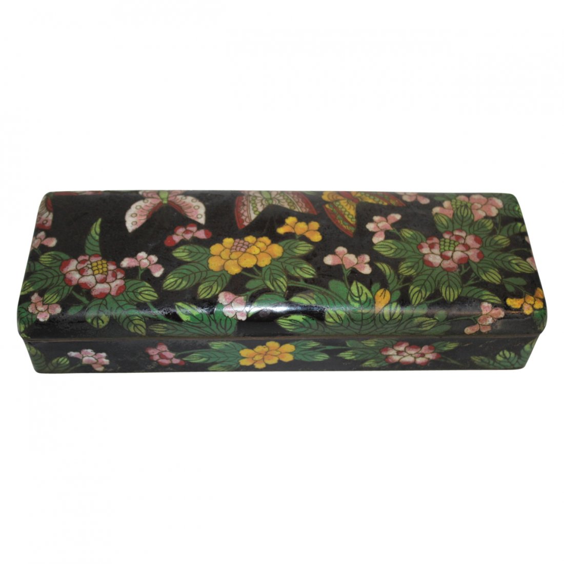 Cloisonné Covered Box with Butterflies: Cloisonné Covered Box with ButterfliesMeasuring 10 inches long by 3.5 inches deep and 2.5 inches tall.