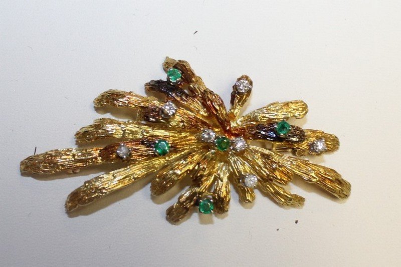 18 Karat Gold Emerald and Diamond Pin Brooch (1 of 2)