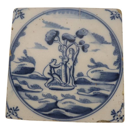 Antique Delft Tile of Adam and Eve: Antique Delft tile of Adam and eve measuing 5x5 inches in very good condition minor flaking on rim.