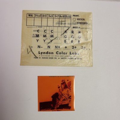 Apollo 11 negatives / transparency Spaceman Ladder: Apollo 11 negatives / transparency 2.50 x 2.42” taken on the moon, camera Hasselblad 500EL view: Spaceman on ladder of Lunar Module.