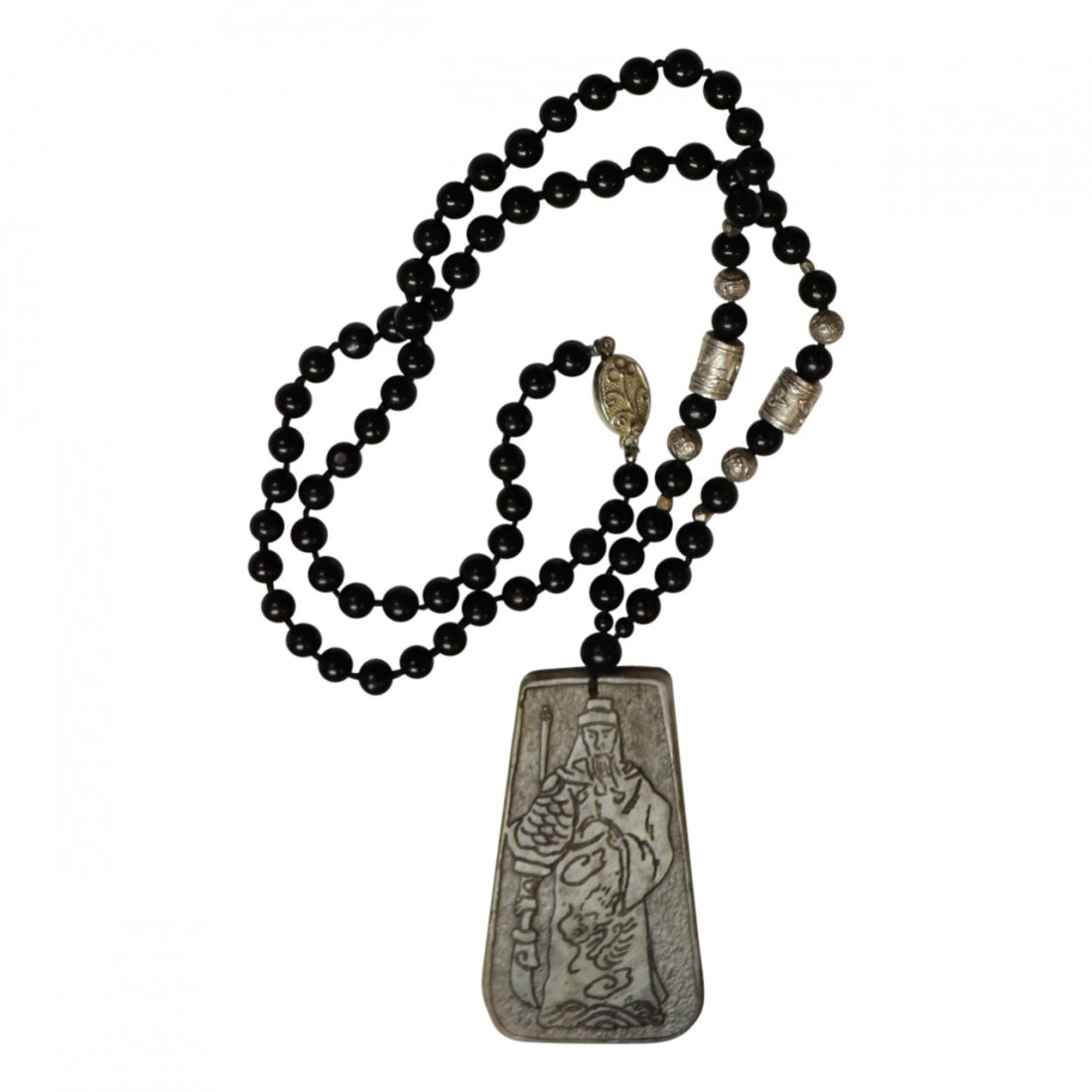 Chinese Sterling and Brown Jade Pendent Necklace: Chinese 800 silver and brown jade bead and carved jade pendent necklace. Marked 800 Silver Hallmarked A&B Measuring 23 inches long with the pendent measuring 3 x 1 3/4 inches. Fine condition.