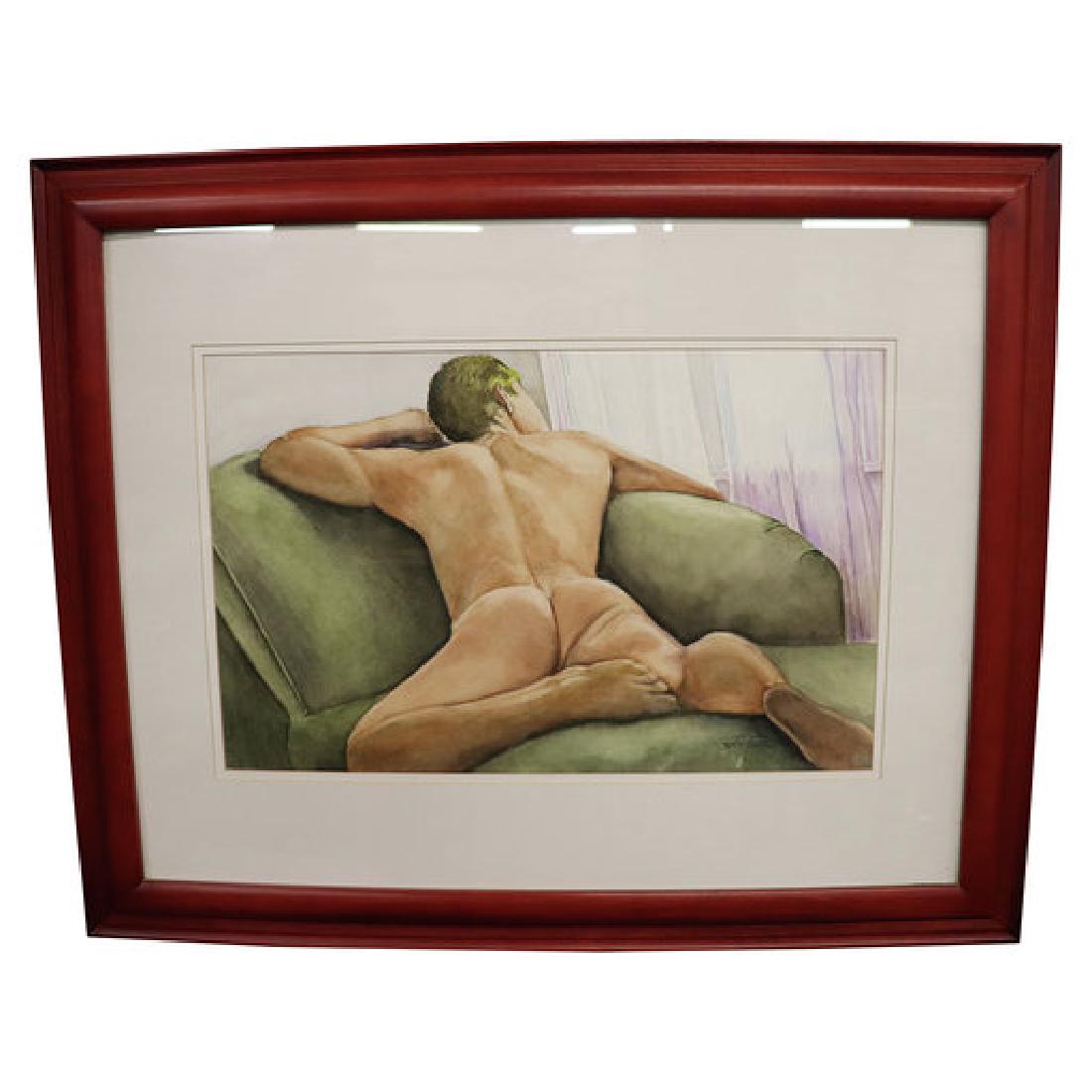 GAY ART MALE NUDE: Fine watercolor painting by Jim Palmer of Philadelphia. Measuring: Framed 32 x 26 inches, painting view 14 x 22 inches.