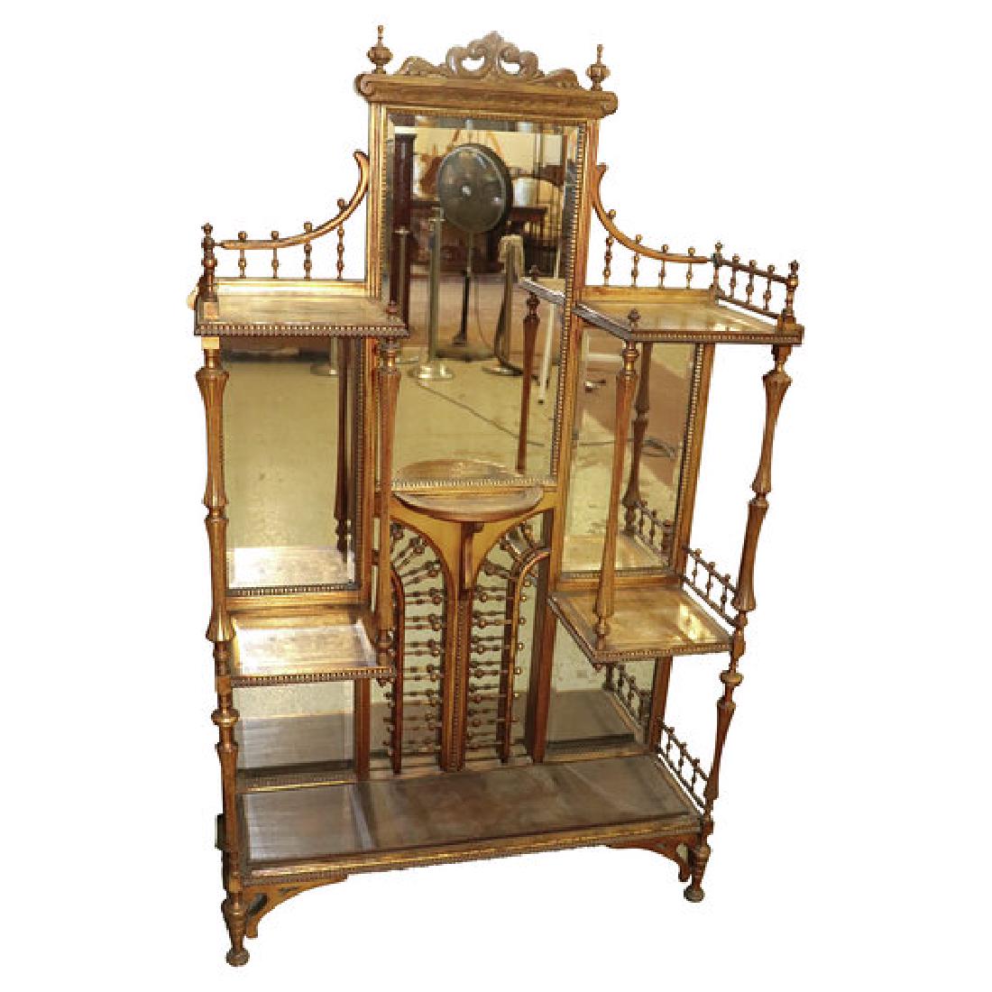 FINE ANTIQUE GILT WOOD STICK AND BALL ETAGERE: Extremely fine and rare gilt wood and mirror stick and ball Etagere. Measuring: 64" Tall x 38" Wide x 12" Deep