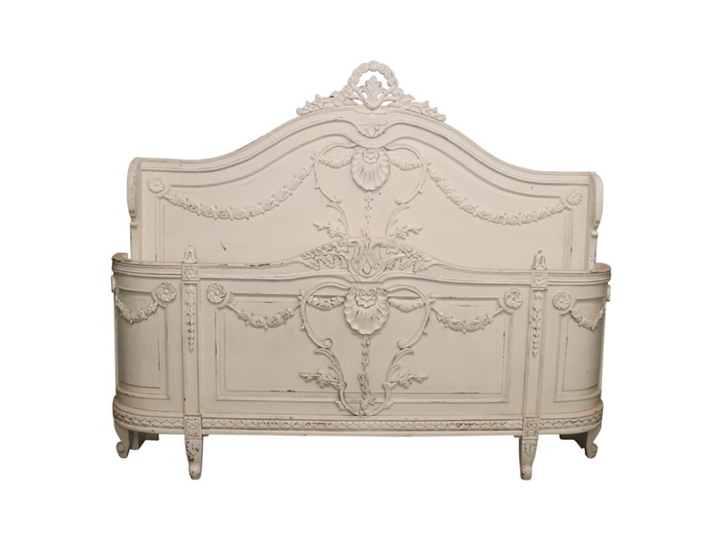 Stunning Country French Style King Size Bed: A lovely carved king size white-wash king size bed in the French Country Style. The Bed is King Size and measures: 58" High head-board x 40" high foot-board, and 84 inches long by 78 inches wide for m