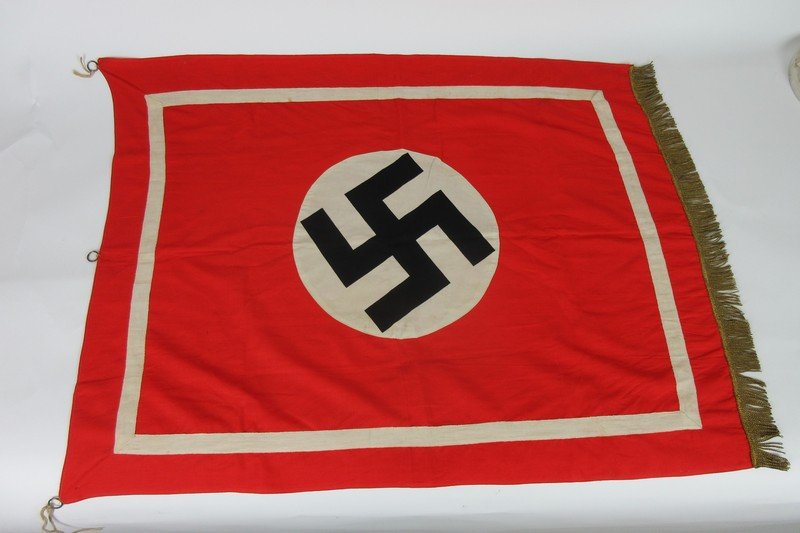 Nazi Small Parade Flag: Nazi small parade flag with gold fringe. Measuring 38 x 29 inches. Very Good condition.