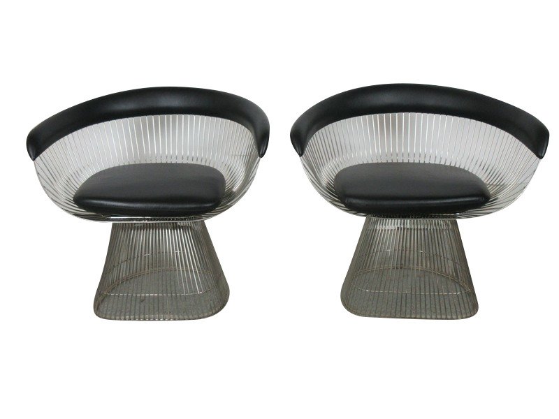 PAIR WARREN PLATNER CHROME MODERN CHAIRS: Designed in the 1960's by Warren Planter is this pair of iconic chairs. Finely constructed with detail from reinforced stainless steel rods and welded to horizontal and edge framing wire for a uniquel