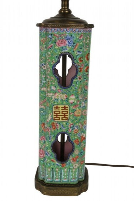 CHINESE ANTIQUE CLOISONNE LAMP: Fine antique Chinese enamel on brass or copper lamp. Measuring 27 inches tall; the vase measures 13 inches tall x 4 x 4 inches. Fine condition.From a Philadelphia Collection