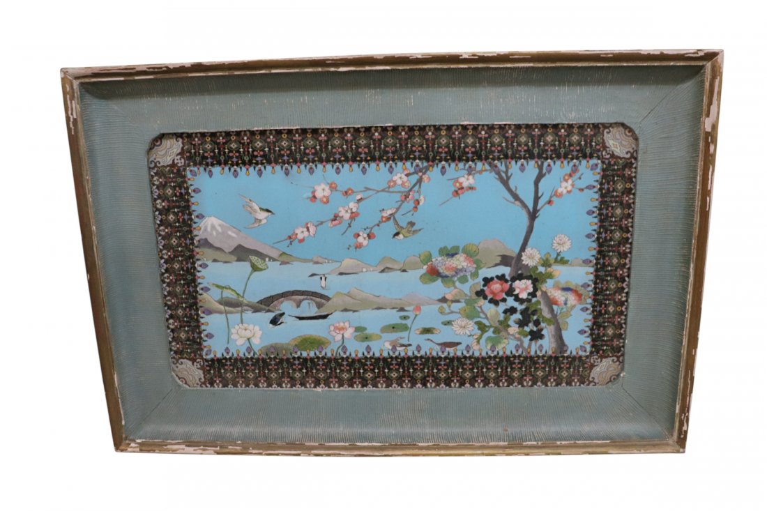 FINE ANTIQUE LARGE CHINESE CLOISONNE PLATTER: An extremely fine cloisonne (on what appears to be copper) platter in a wide wood frame. Intricately designed with a repeating decorative border and birds. Measuring framed 29 x 19 inches, the glass p