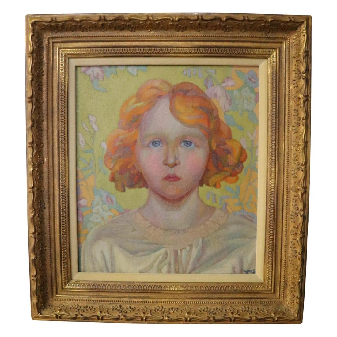 SIR MATTHEW ARNOLD BRACY SMITH (GIRL WITH RED HAIR): Whimsical portrait of a girl with red-hair. An old index card on the back reads this is an early work by Bracy Smith reflecting the Fauve influence and that this is a portrait of Dauphinepainted circa