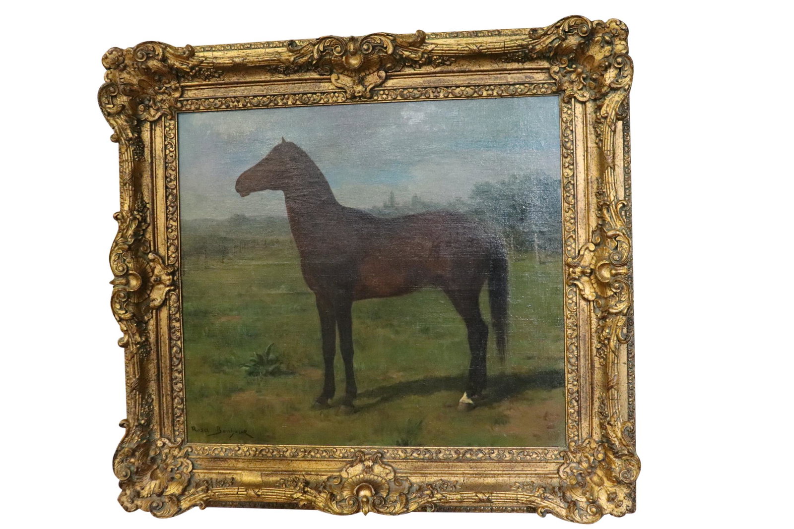 ROSA MARIE BONHEUR PORTRAIT OF A HORSE: Rare painting of a Horse by Rosa Marie (Rosalie) Bonheur (1822 - 1899). Measuring 38 x 35 inches framed, painting only 29 x 26 inches. Rosa Marie (Rosalie) Bonheur was active/lived in United States, F